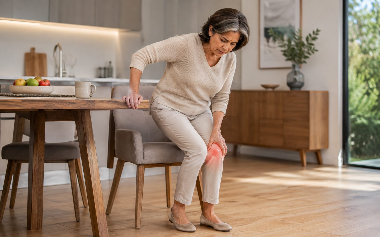 Mujer adulta con dificultad para abrir un frasco por dolor articular en las manos.