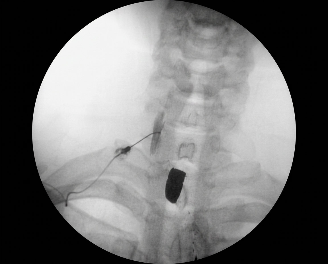Fluoroscopia cervical durante bloqueo de la cadena simpática con visualización del contraste cerca del ganglio.