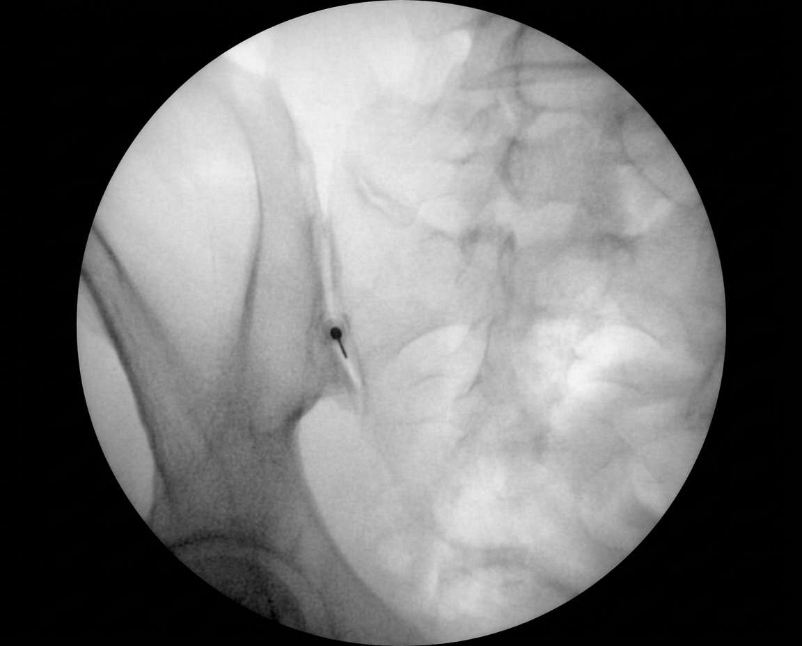 Fluoroscopia del procedimiento de bloqueo de la articulación sacroilíaca.