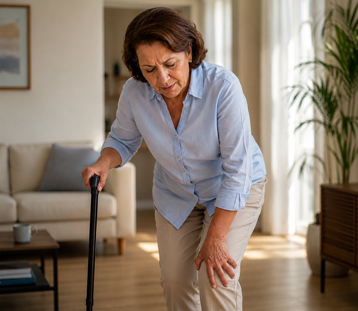Mujer adulta con dificultad para abrir un frasco por dolor articular en las manos.