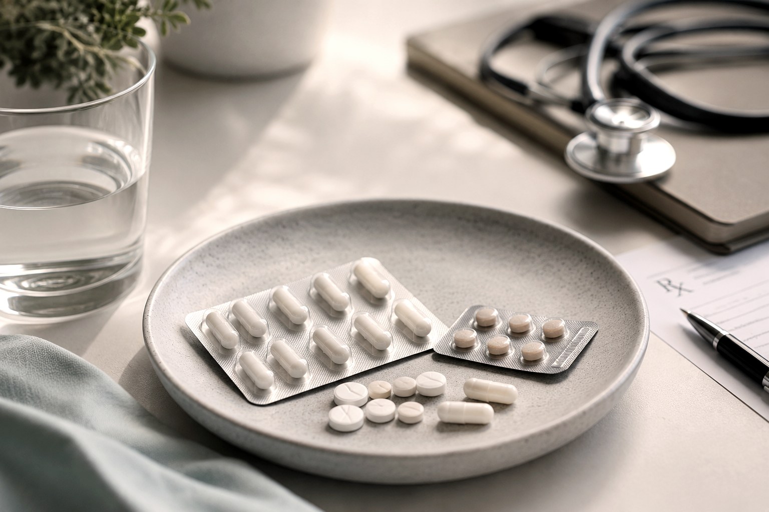 Medicamentos analgésicos dispuestos junto a estetoscopio y fórmula médica.