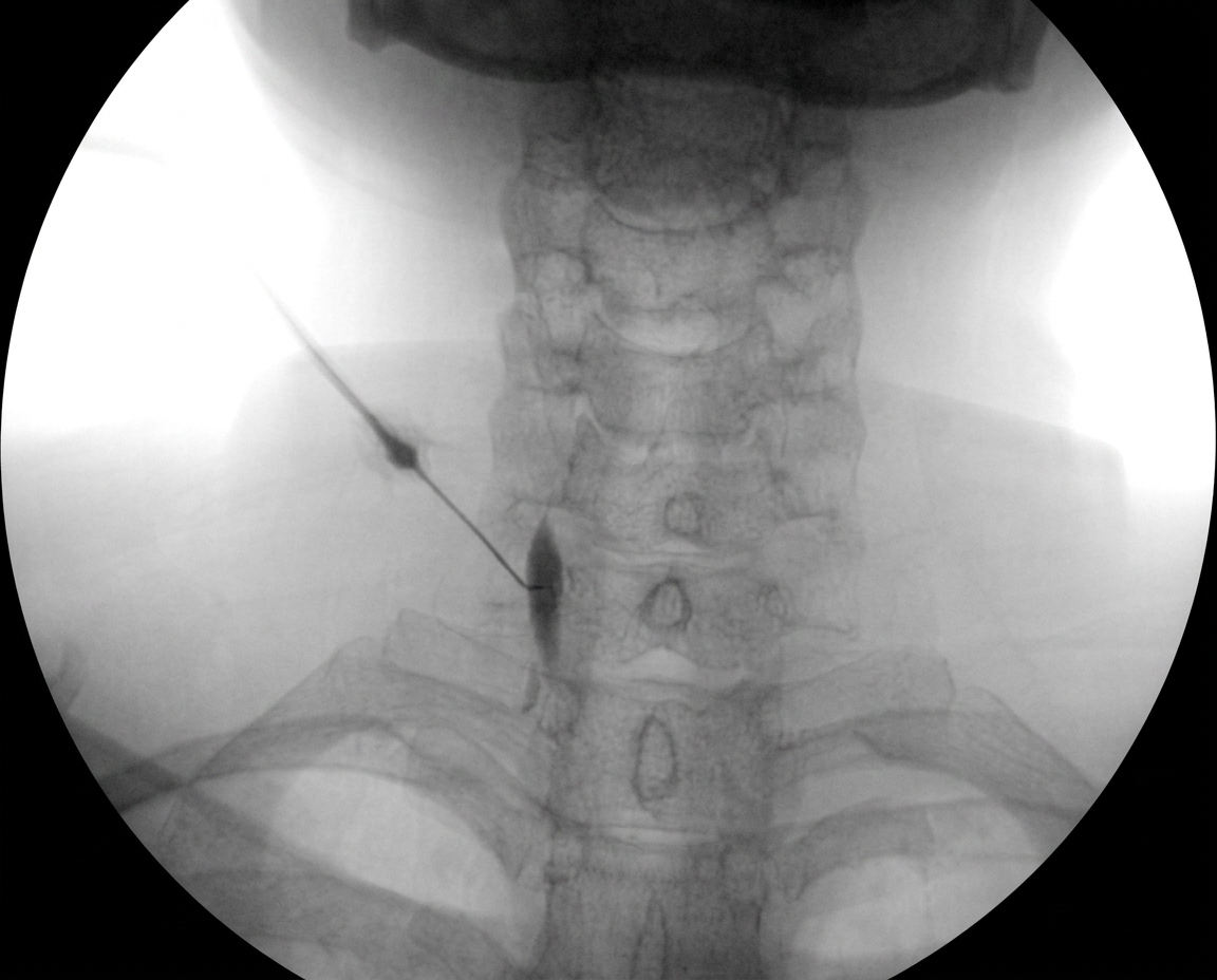 Imagen fluoroscópica de un bloqueo de cadena simpática cervical guiado por rayos X.
