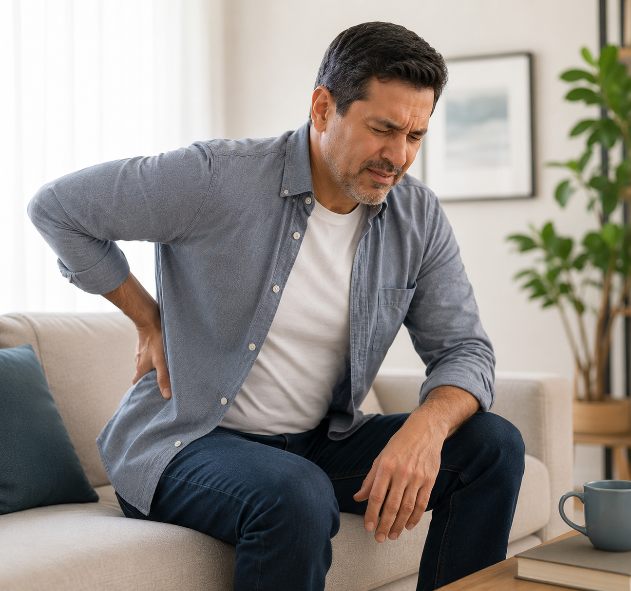 Hombre con dolor lumbar sentado en un sofá sosteniéndose la parte baja de la espalda.