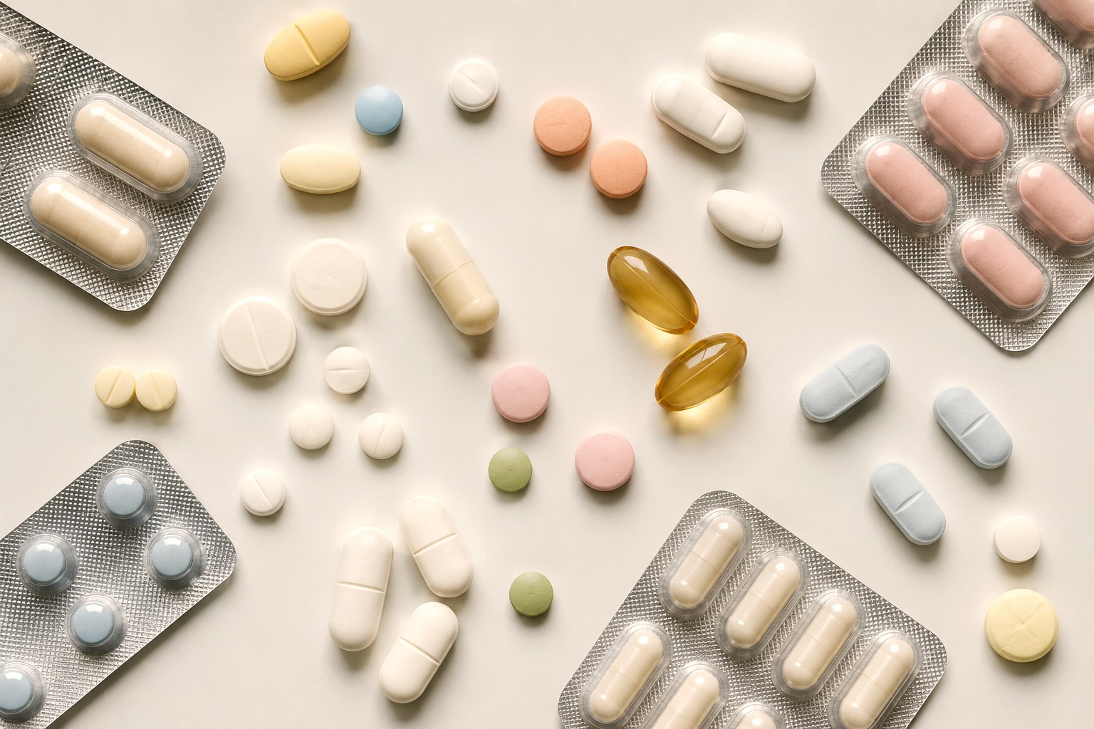 Variedad de formas farmacéuticas: tabletas, cápsulas y comprimidos.