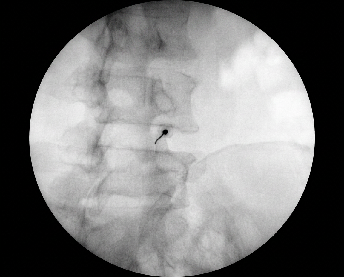 Imagen fluoroscópica de un bloqueo de facetas vertebrales guiado por rayos X.