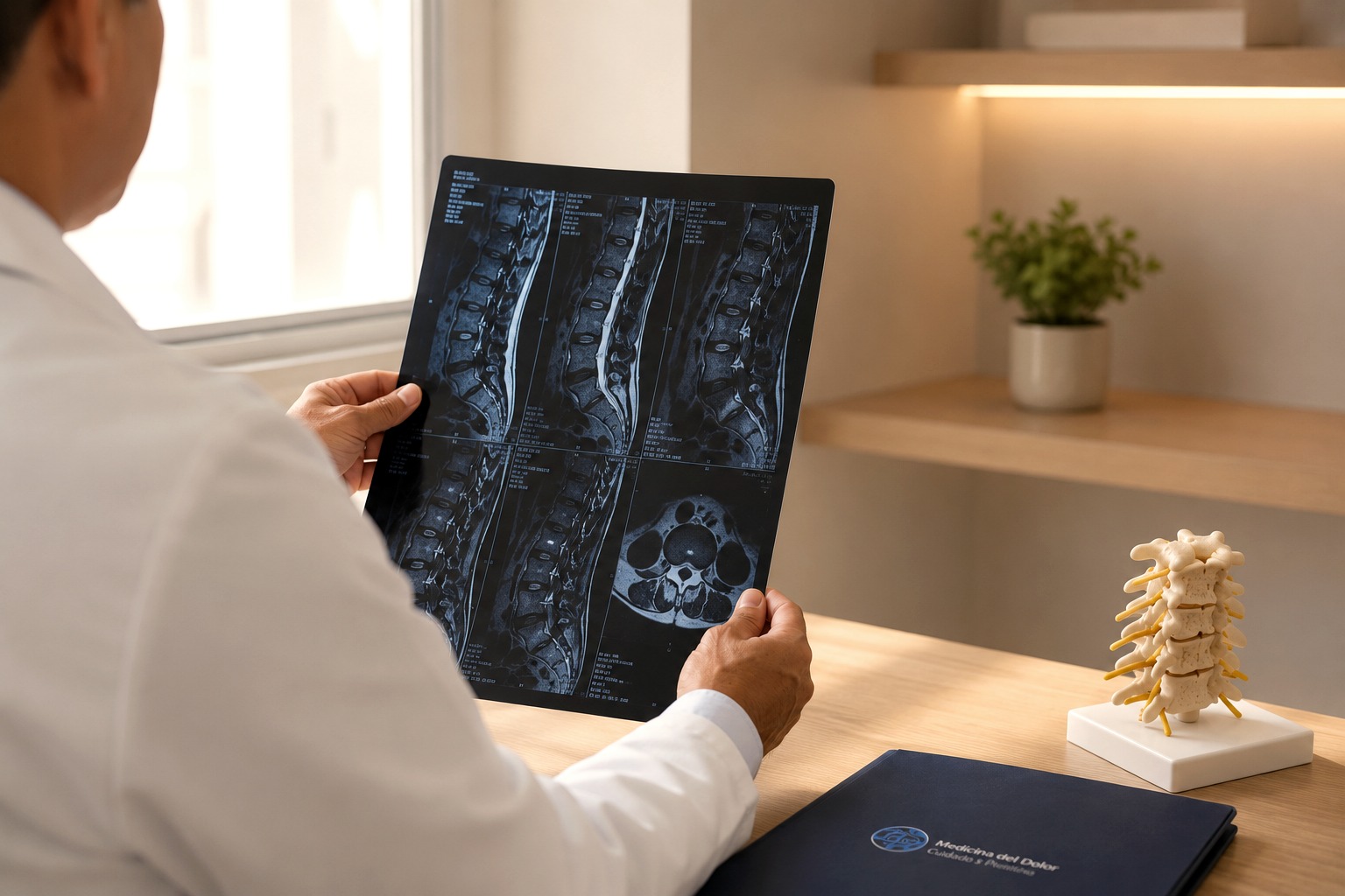 Especialista en Medicina del Dolor revisando estudios de imagen del paciente.