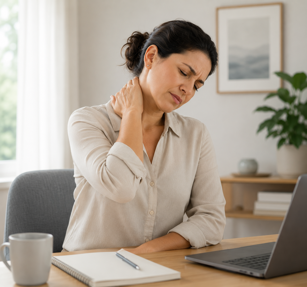 Mujer frente al computador sosteniéndose el cuello por dolor cervical.