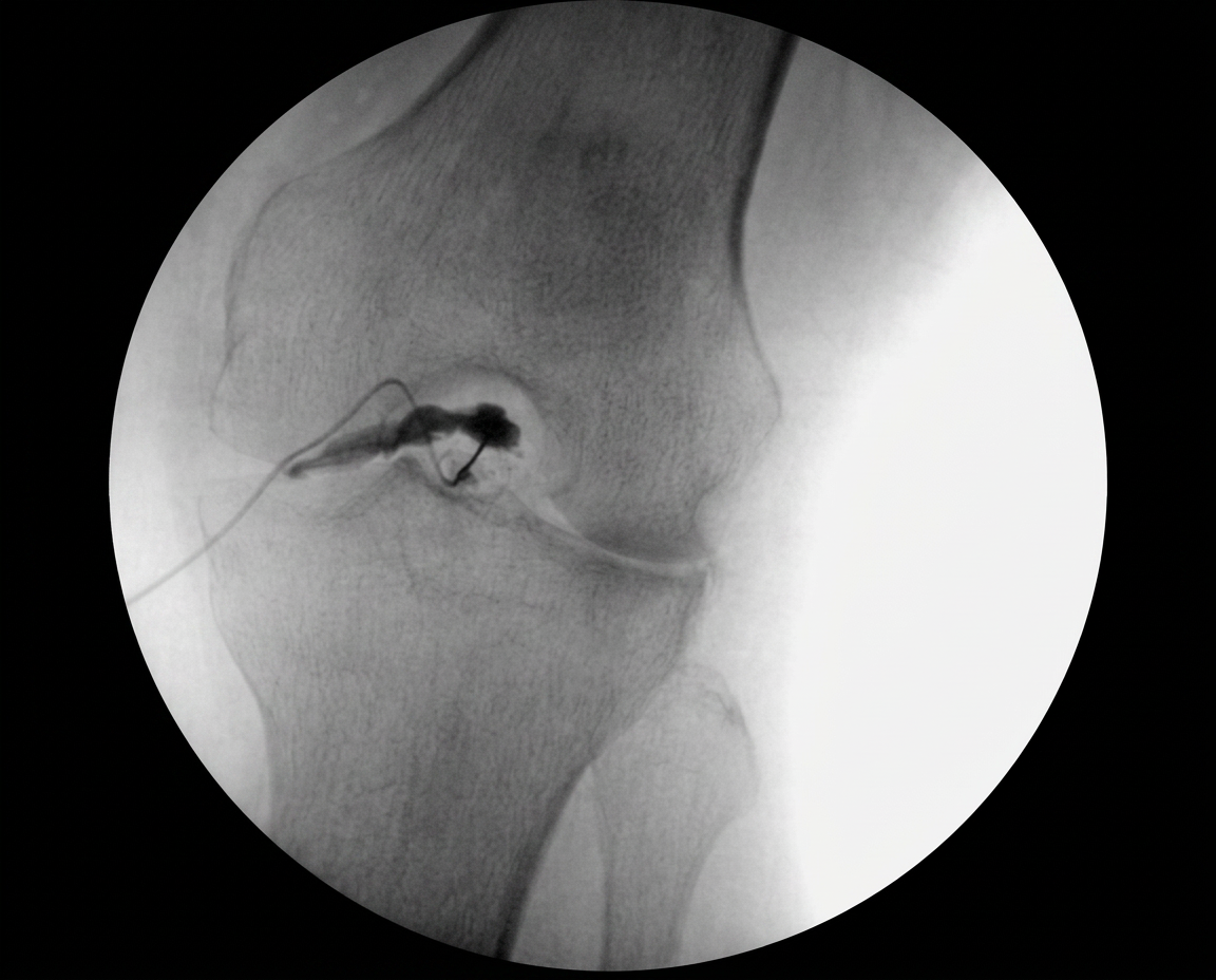Imagen fluoroscópica de un bloqueo intra articular de rodilla guiado por rayos X.