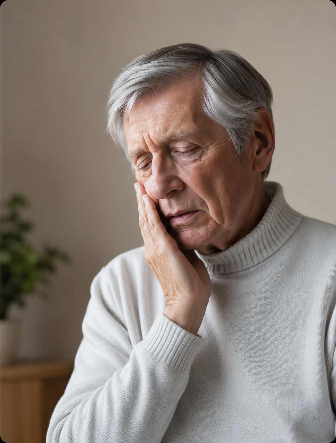 Hombre adulto mayor con dolor facial sostiéndose la mejilla por neuralgia del trigémino.