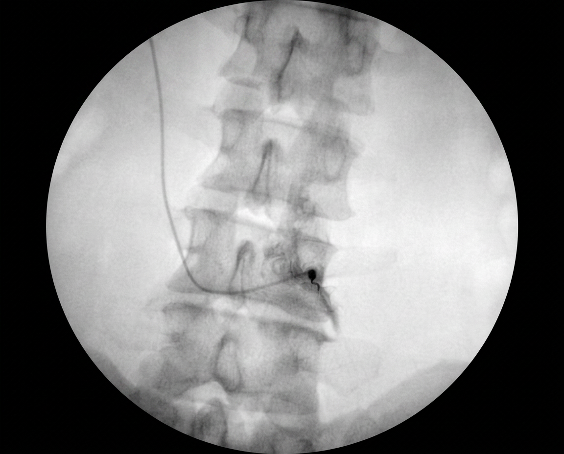 Imagen fluoroscópica de un bloqueo transforaminal en columna lumbar guiado por rayos X.