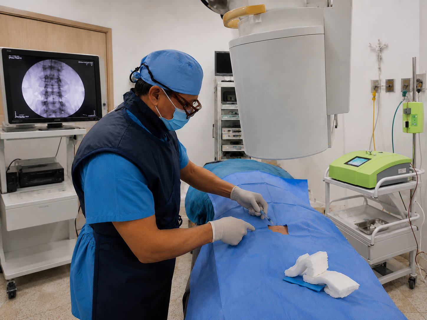 Dr. René Rodríguez realizando un procedimiento de columna guiado por fluoroscopia.
