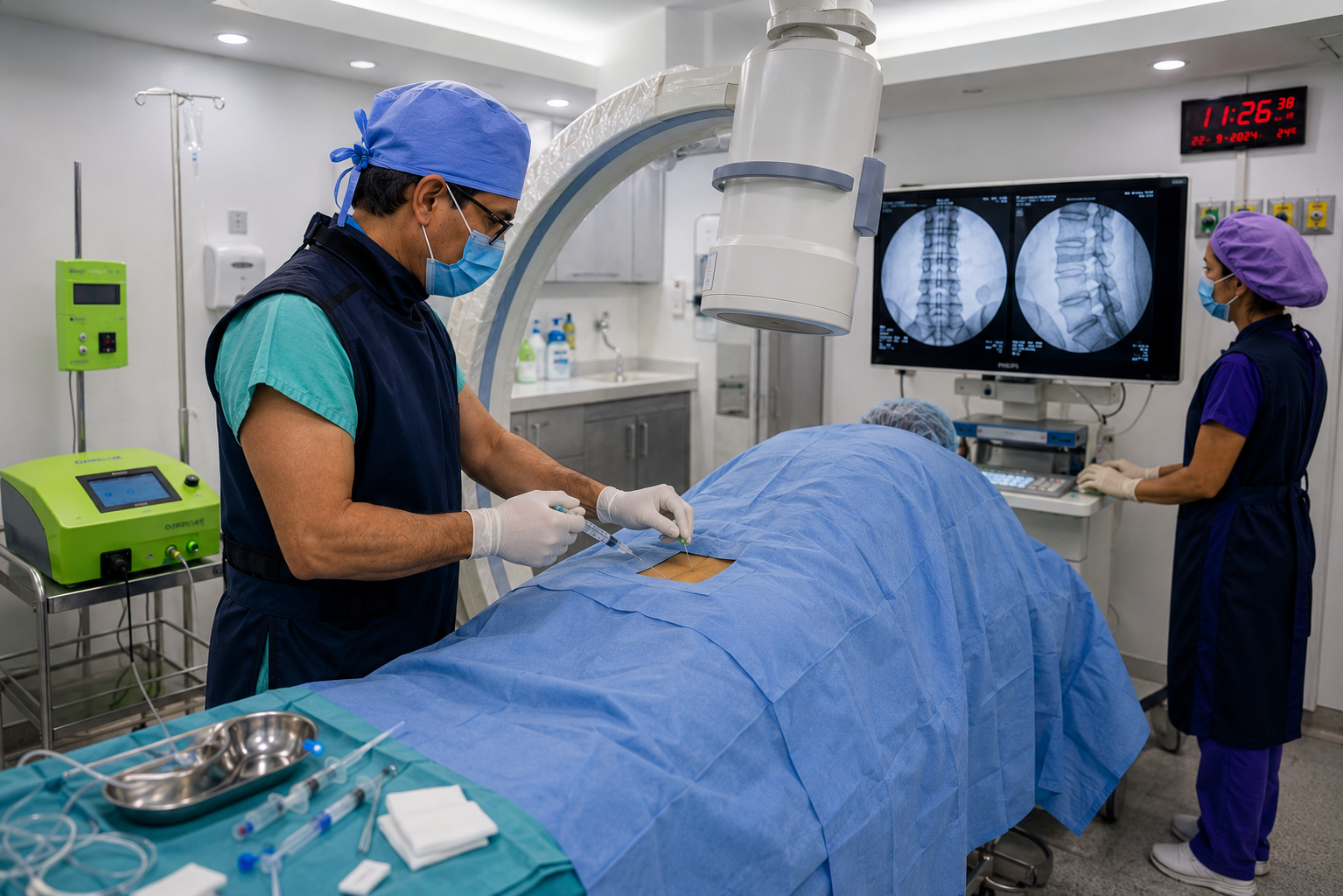 Dr. René Rodríguez realizando una quimionucleólisis guiada por fluoroscopia.