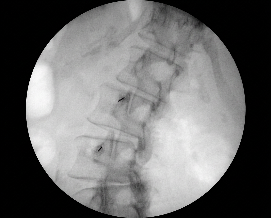 Fluoroscopia lumbar durante bloqueo de ramos mediales de las articulaciones facetarias.