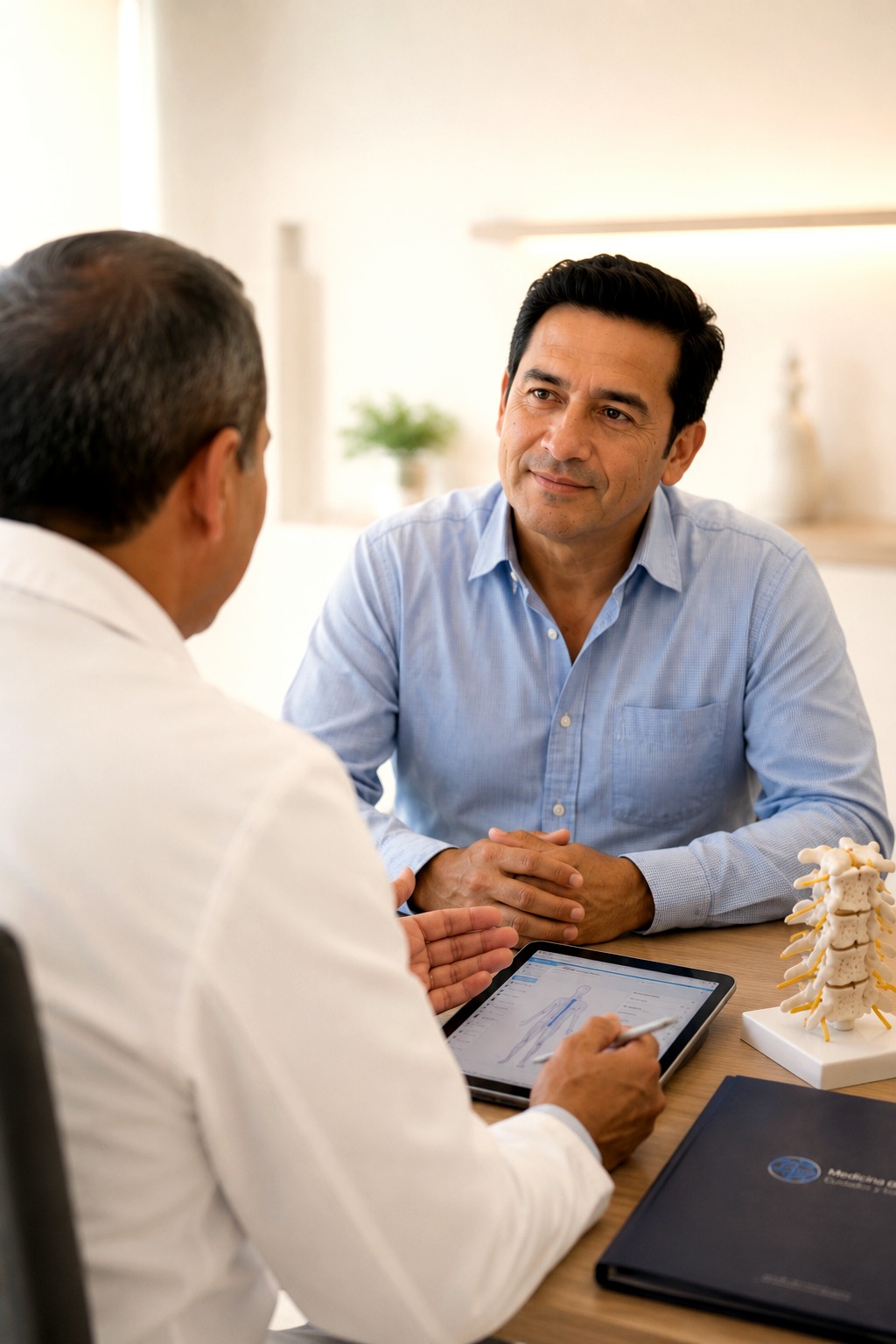 Dr. René Rodríguez conversando con un paciente durante la consulta.