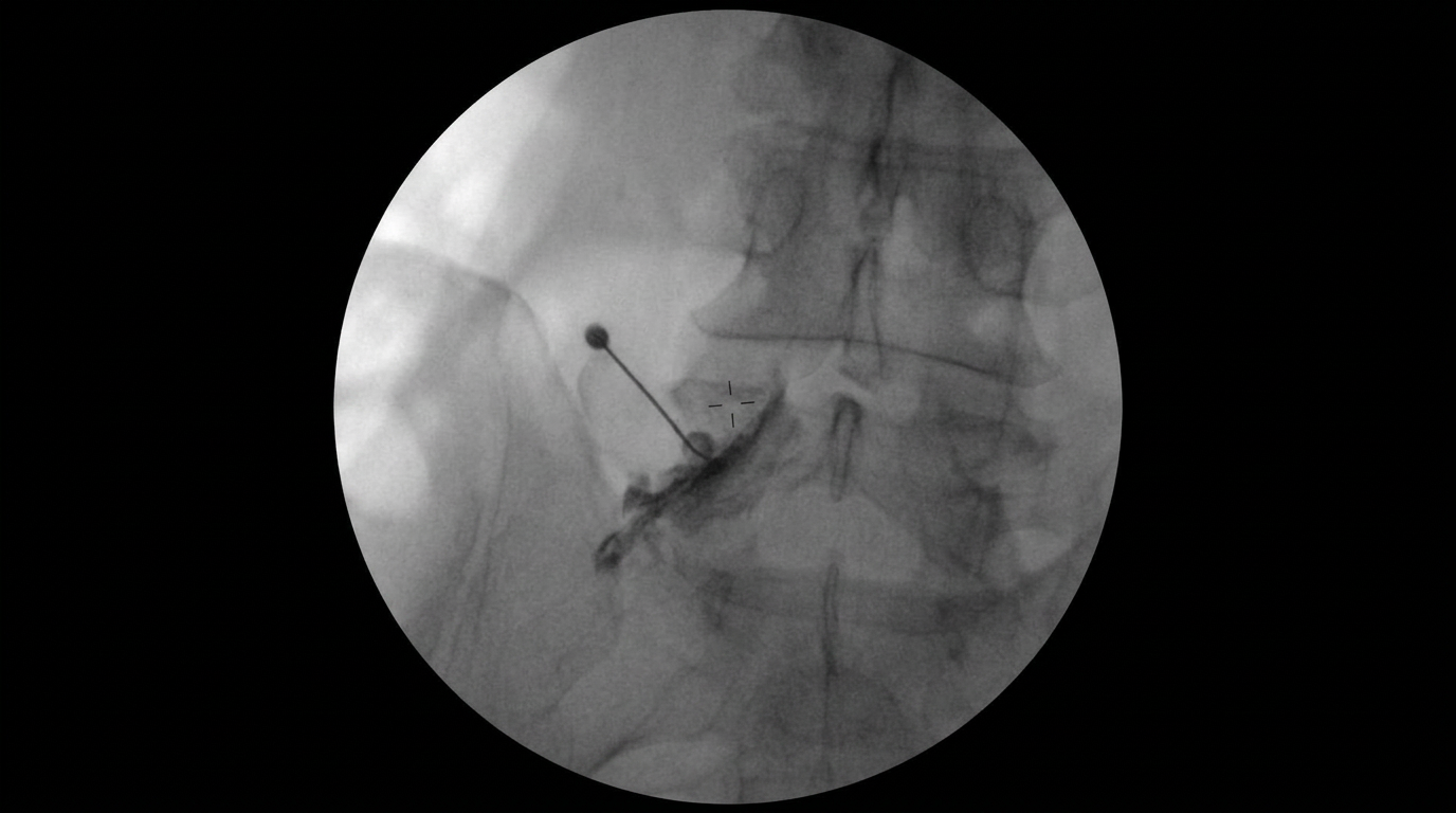 Fluoroscopia del procedimiento de bloqueo transforaminal y de raíces nerviosas.
