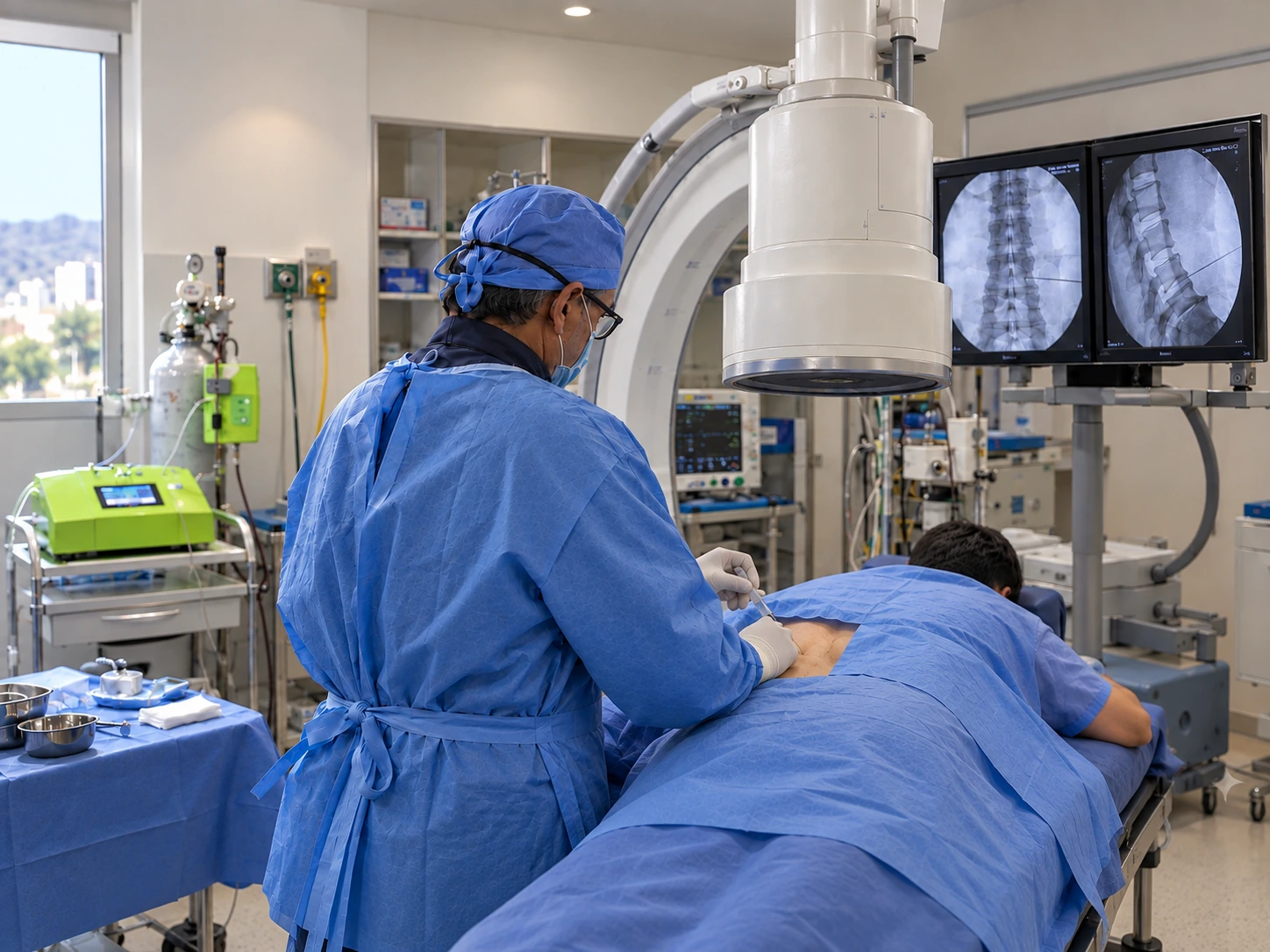 Dr. René Rodríguez realizando una quimionucleólisis lumbar guiada por fluoroscopia